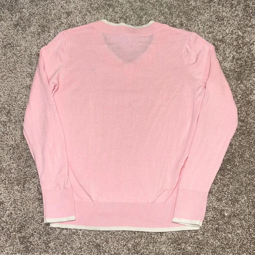 Vineyard Vines Women Small Pink V-Neck Sweater Ivory Trim Whale Logo Pullover